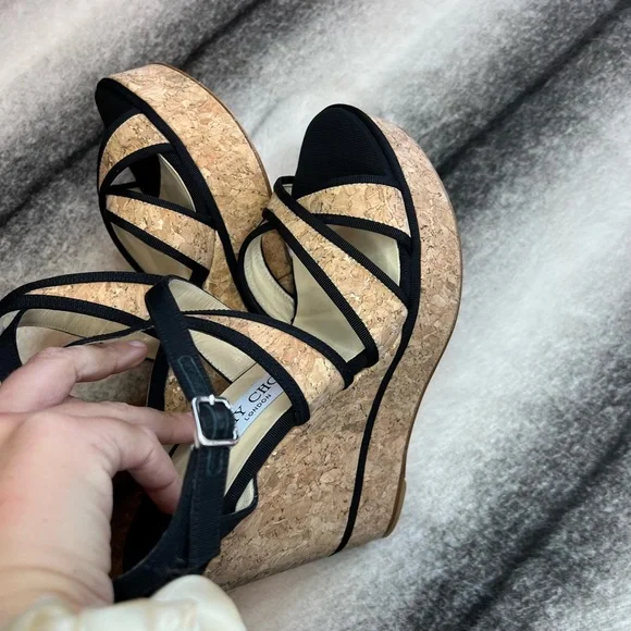 Jimmy Choo Alissa 120 Natural Black Cork Grossgrain Wedges - Picture 8 of 10